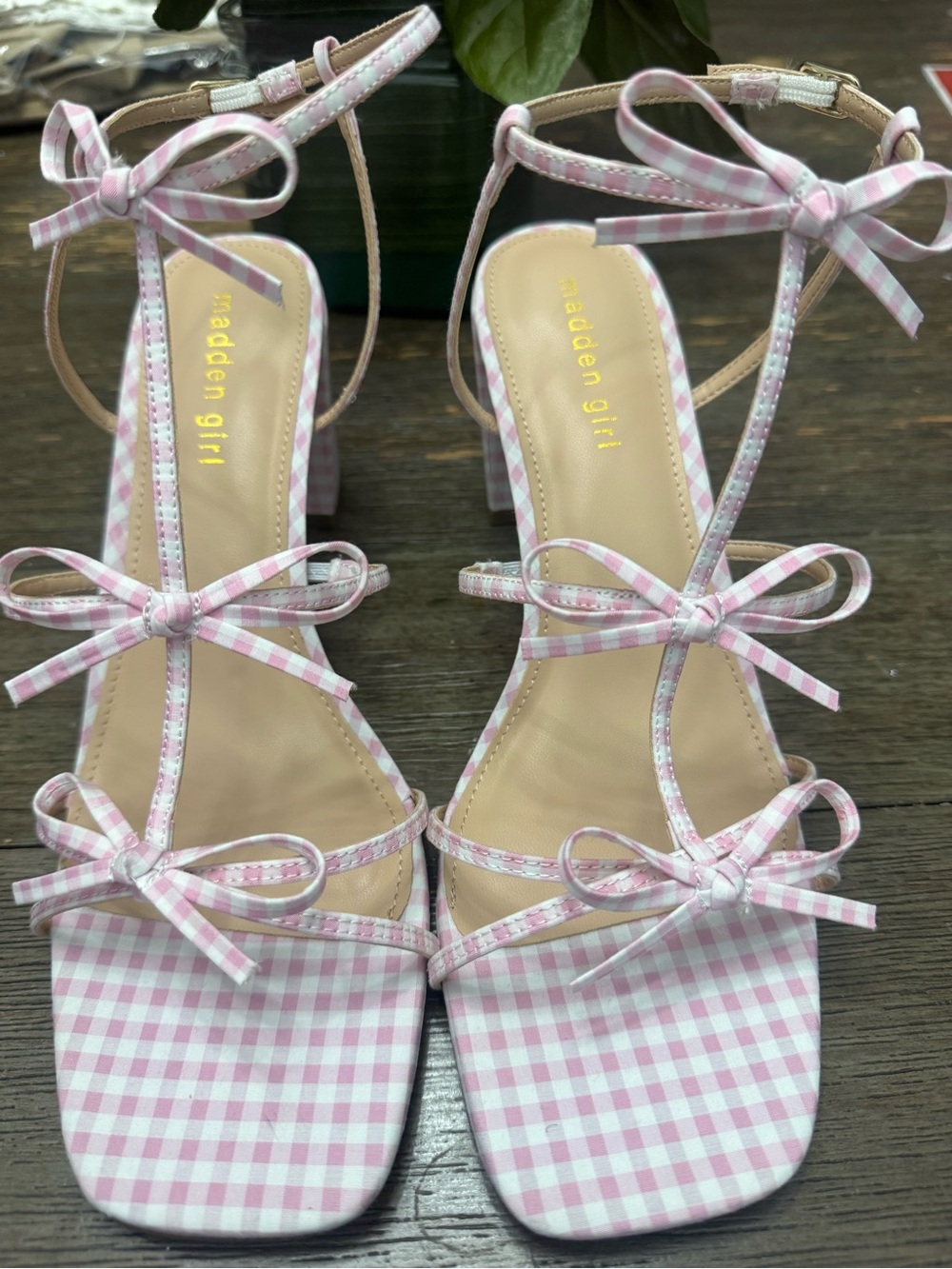 Madden Girl Pink Gingham Bow Tie Strappy Heels